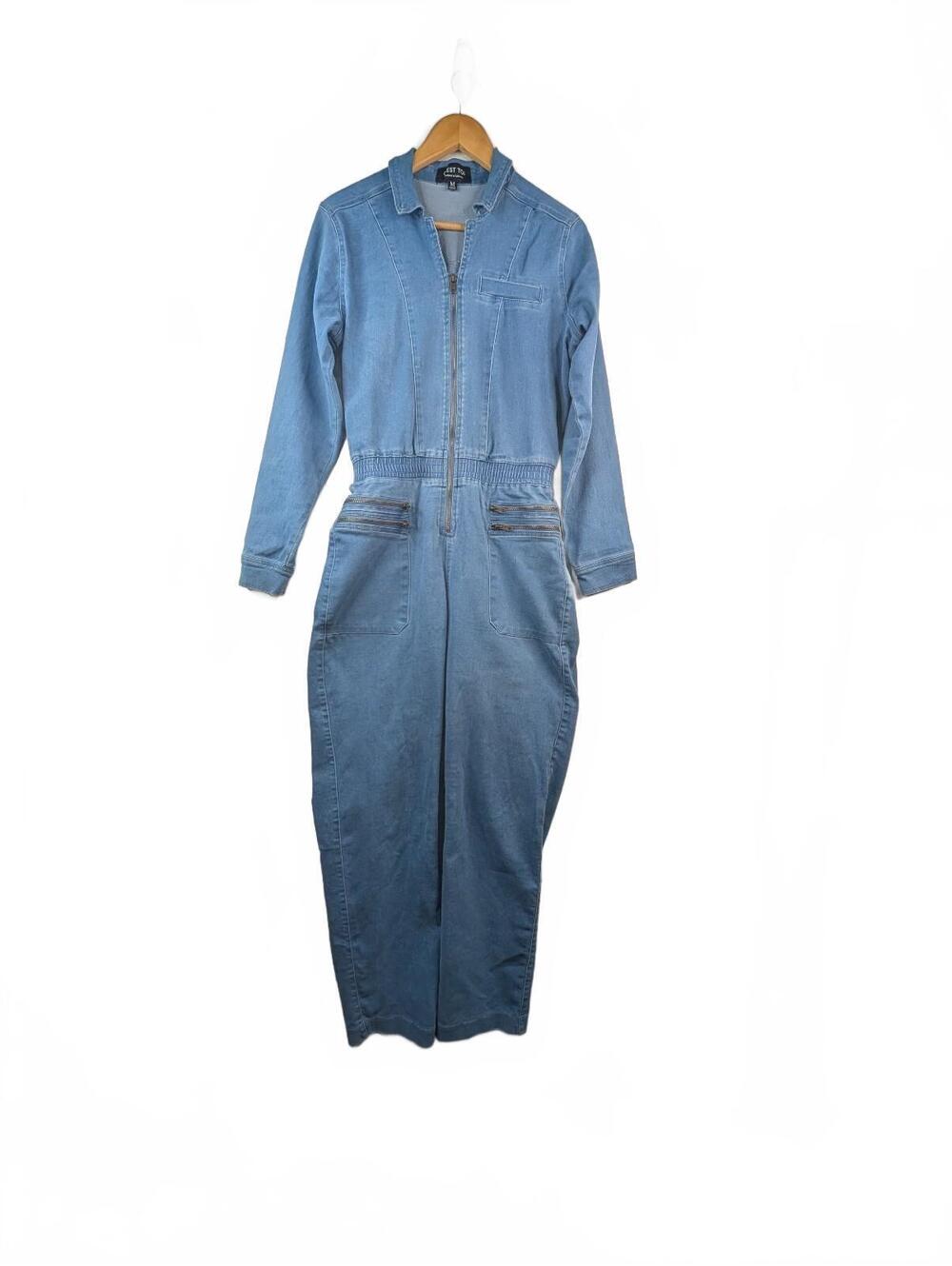 C'est Toi Light-Wash Denim Jumpsuit with Zipper and Smocked Waist - Size M